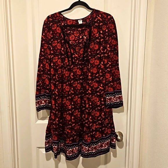 Old Navy Tie Neck Velvet Trim Dress Large Black Red Print Floral Deer Boho - Picture 2 of 3